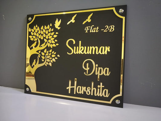 Modern Black Acrylic Name Plate with Golden Tree | Matt Black + 3mm Golden