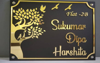 Modern Black Acrylic Name Plate with Golden Tree | Matt Black + 3mm Golden